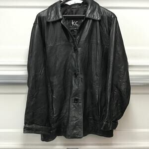 KC Collections Leather Jacket Womens Large Black Button Front Collared Lined